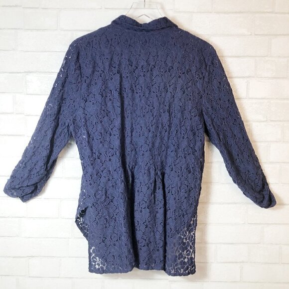 Style & Co Sophisticate Blue Lace Ruched 3/4 Sleeve Button Down Women's Size L - Picture 4 of 4